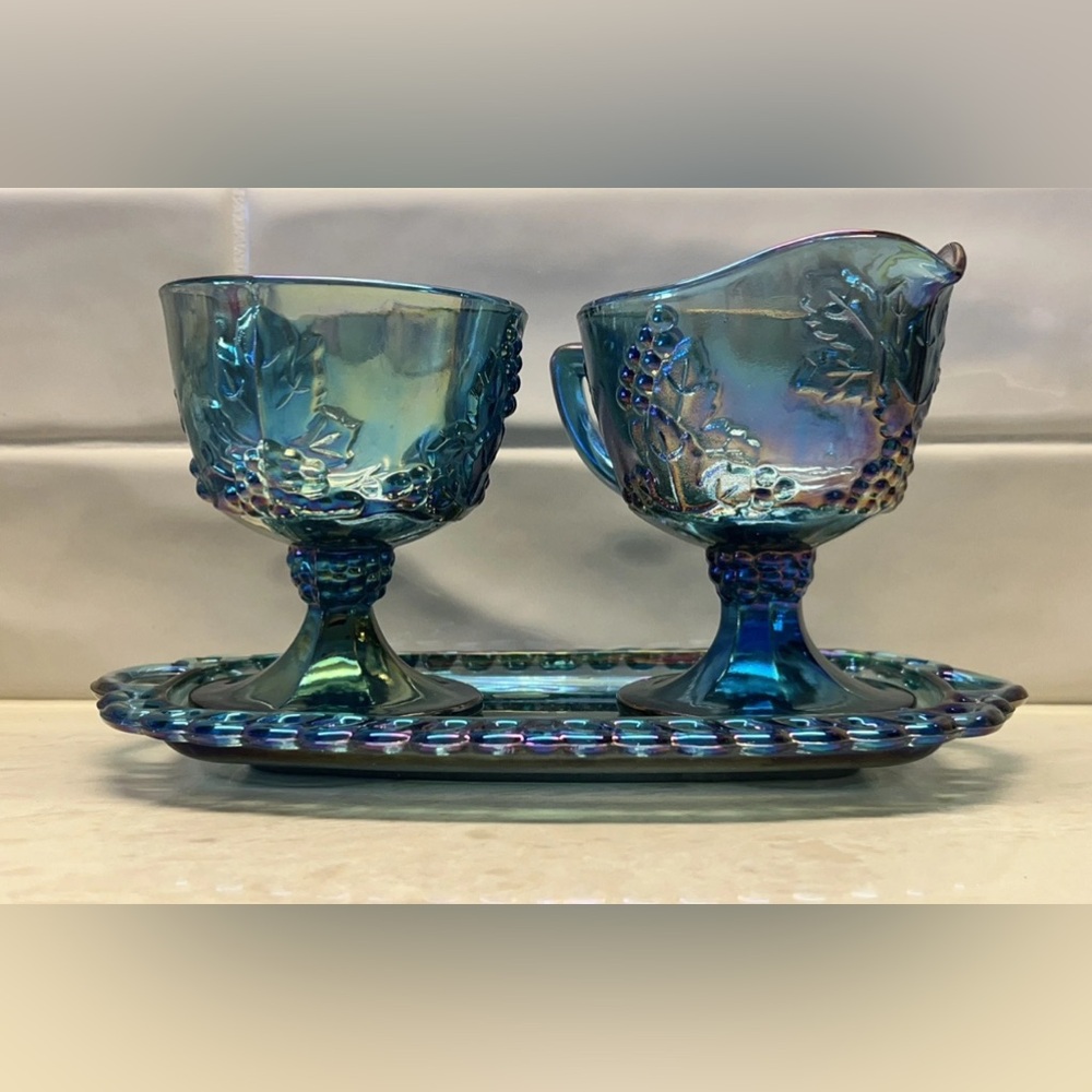 Vintage Indiana Harvest Grape Blue Purple Carnival Glass Cream Sugar Set IN BOX